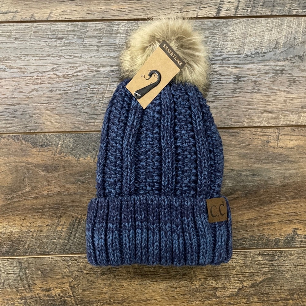 CC Exclusives Navy Blue Marl Cable Knit Fleece Lined Pom Pom Beanie Hat NWT Fall